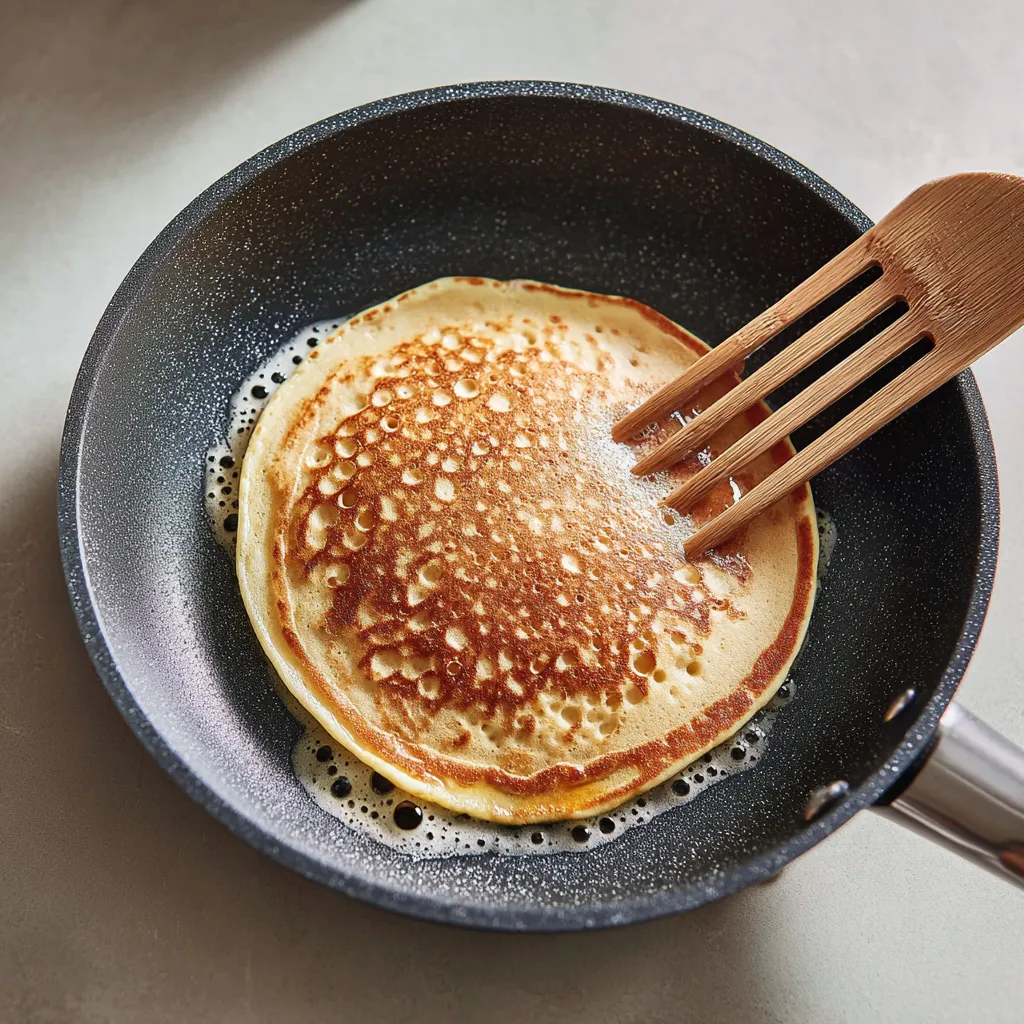 Pancake protéiné en train de cuire dans une poêle antiadhésive