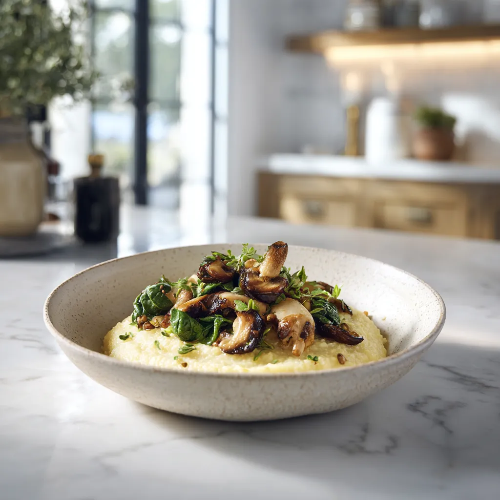 polenta crémeuse garni de champignons dorés et d’épinards frais, posé sur un plan de travail en marbre dans une cuisine blanche moderne et lumineuse.