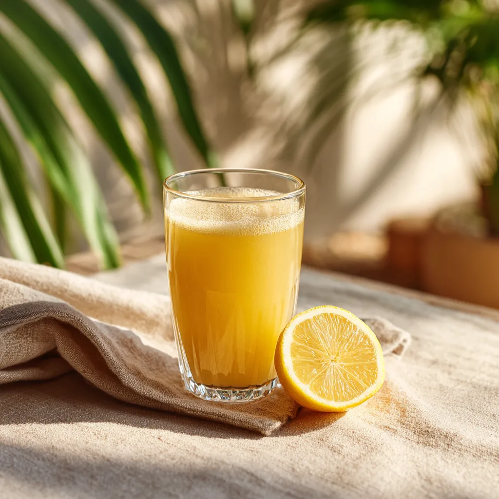 Jus détox jaune au citron posé sur une serviette de lin.