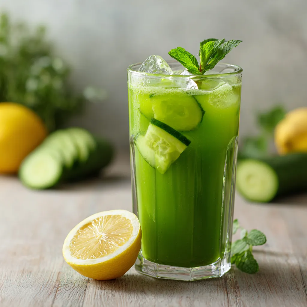 Verre de jus détox au concombre avec citron, menthe et glaçons sur une table en bois, boisson verte rafraîchissante et hydratante parfaite.