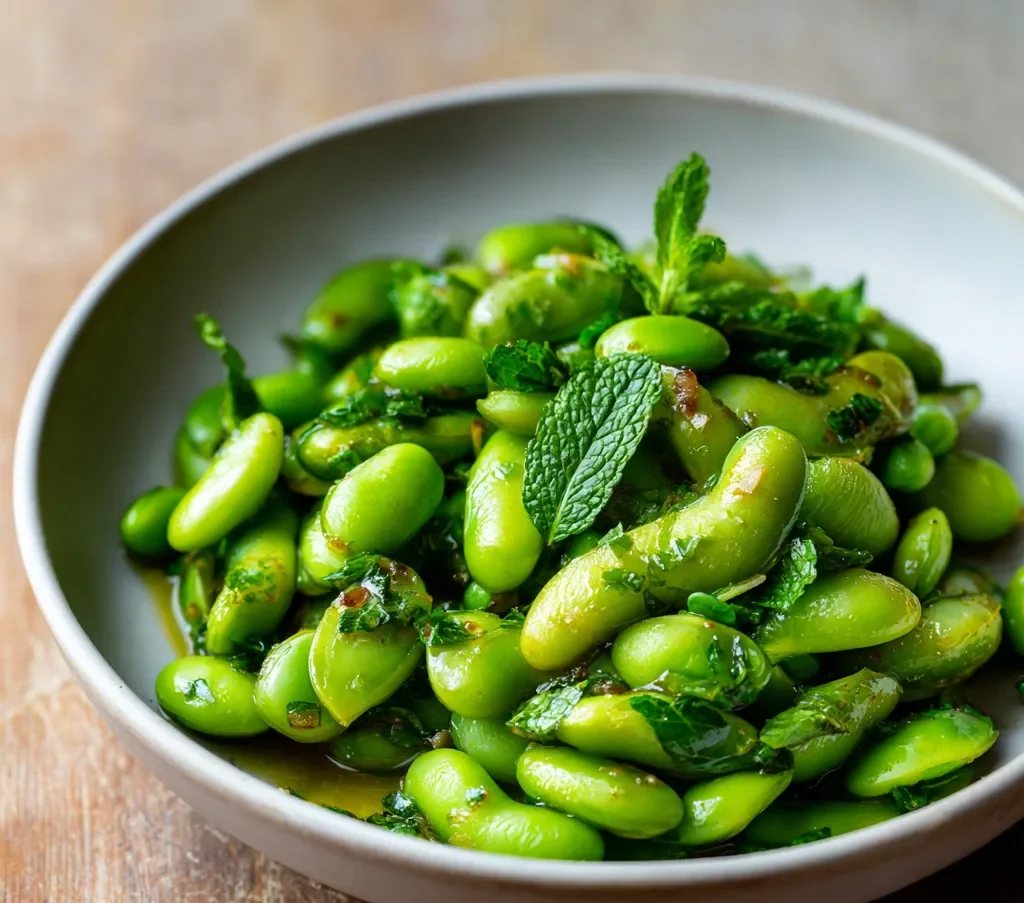 Salade de Fèves verts assaisonnés à la menthe et à l’huile d’olive dans un bol blanc, photo culinaire lumineuse et naturelle.