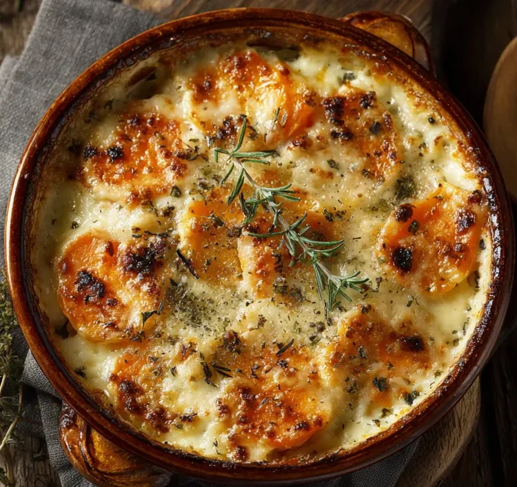 Gratin de haché et patate douce doré au four dans une cuisine blanche lumineuse, fromage fondant et croûte croustillante