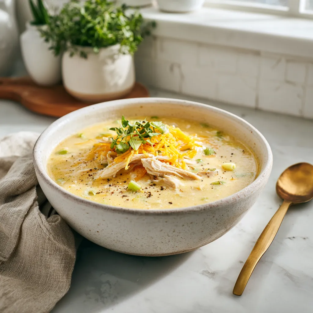 Soupe au Poulet, Poireau et Cheddar: La Recette Ultime 4 Bol de soupe au poulet, poireau et cheddar crémeuse et fumante