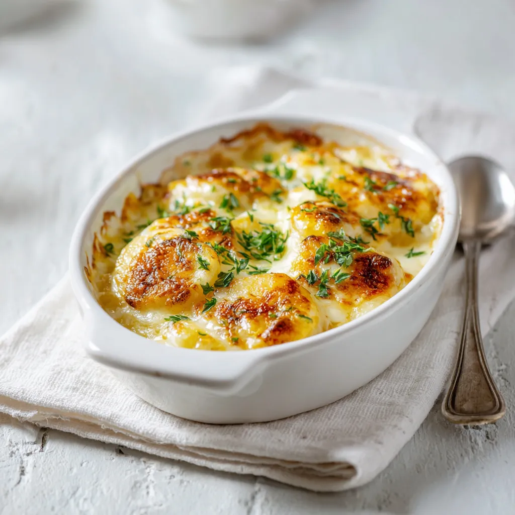 Gratin de haché et patate douce doré au four dans une cuisine blanche lumineuse, fromage fondant et croûte croustillante, plat en céramique sur un plan de travail