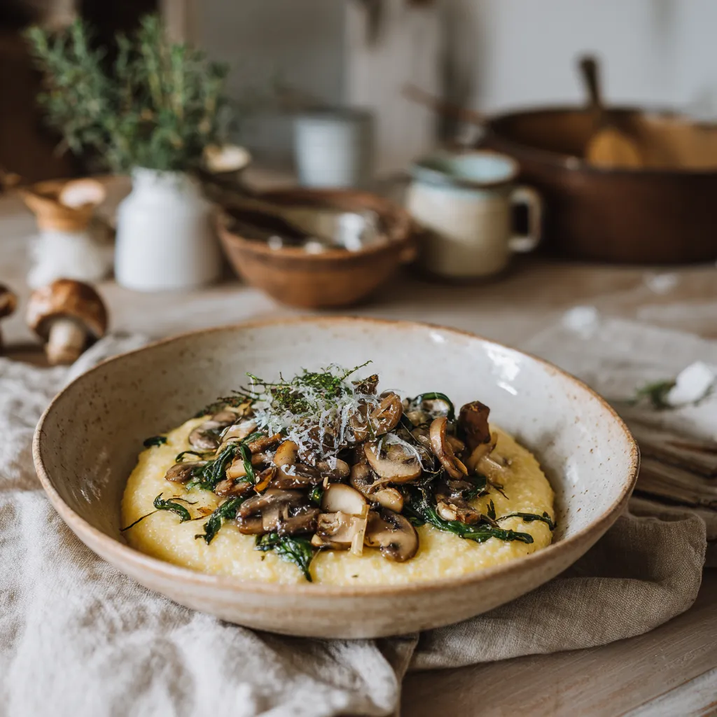Assiette de polenta crémeuse garnie de champignons poêlés et d’épinards, servie sur une table en marbre dans une cuisine blanche et bois clair baignée de lumière.