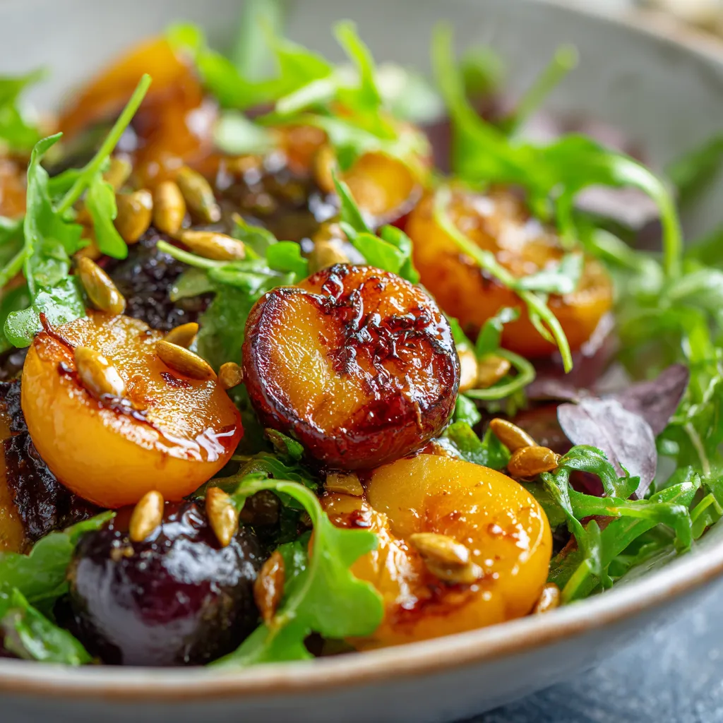 Salade de Mirabelles Rôties et Mâche servie sur une table en bois rustique