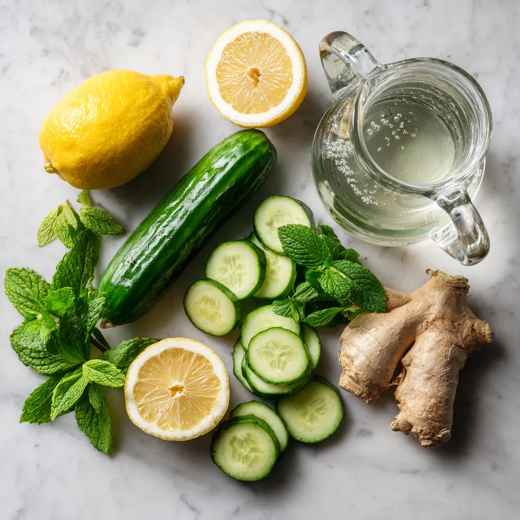 Ingrédients frais pour un jus détox : concombre, citron, gingembre, menthe et eau sur un plan de travail en marbre.