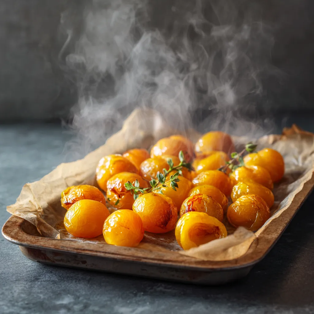 Mirabelles rôties dorées et fumantes sur une plaque de cuisson avec du thym frais, prêtes à être ajoutées à la salade.