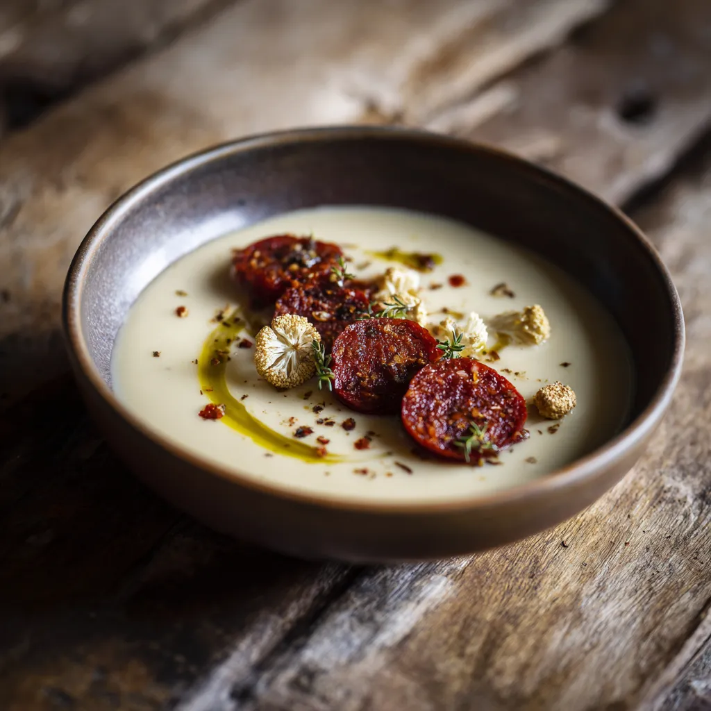 Velouté de chou-fleur au chorizo et noisettes torréfiées servi dans un bol en céramique sur table rustique en bois.