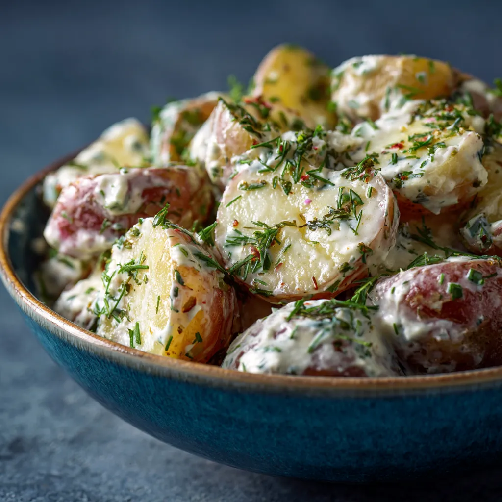 salade de pommes de terre froide avec sauce crémeuse, herbes fraîches et cornichons.
