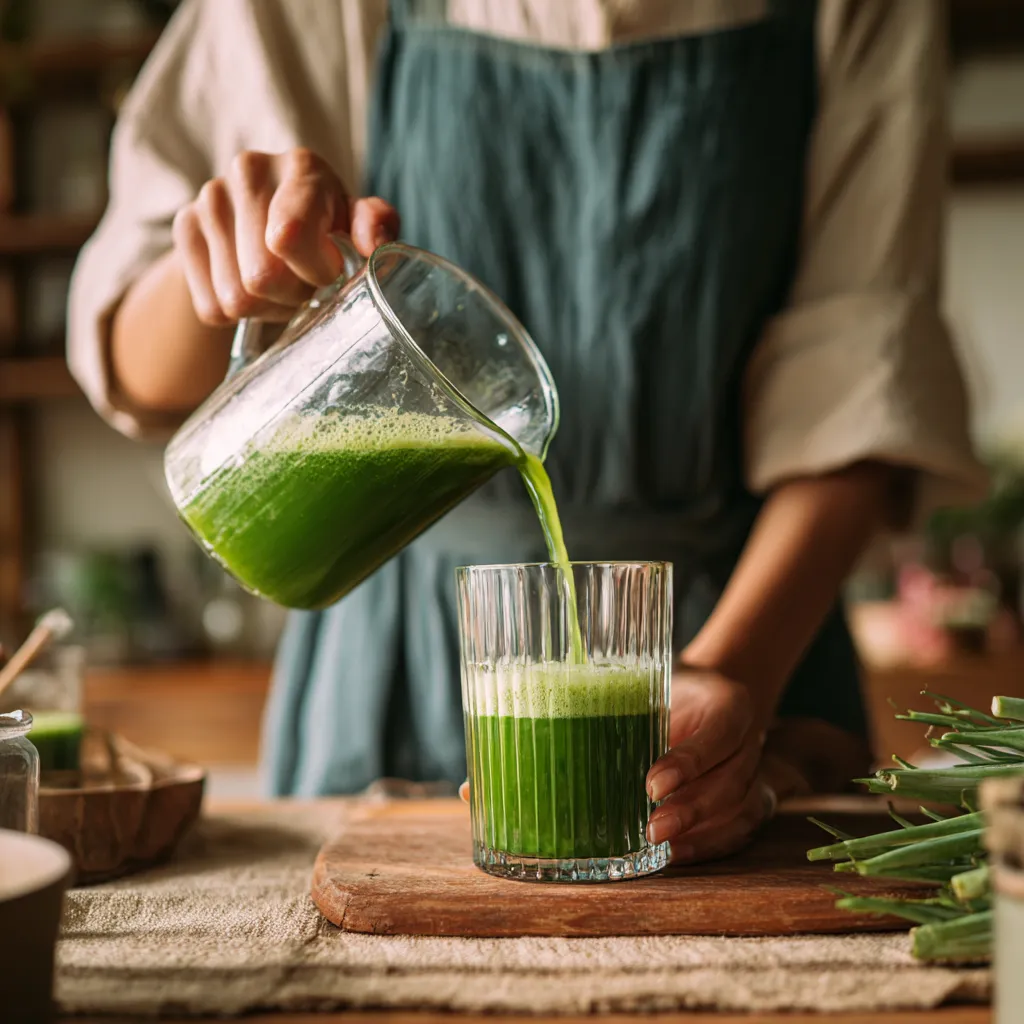 Personne versant un jus détox vert dans un verre en cuisine.