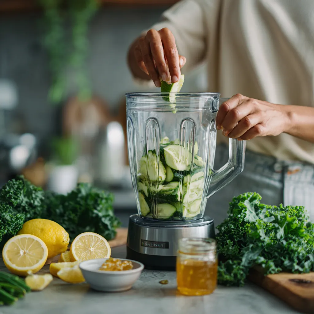Main versant des morceaux de citron et de concombre dans un blender rempli d’ingrédients verts pour la préparation d’un jus détox.