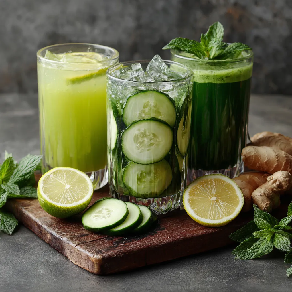 Trois verres de jus détox au concombre, l’un au citron, un autre à la menthe et un troisième au gingembre, sur une planche en bois.