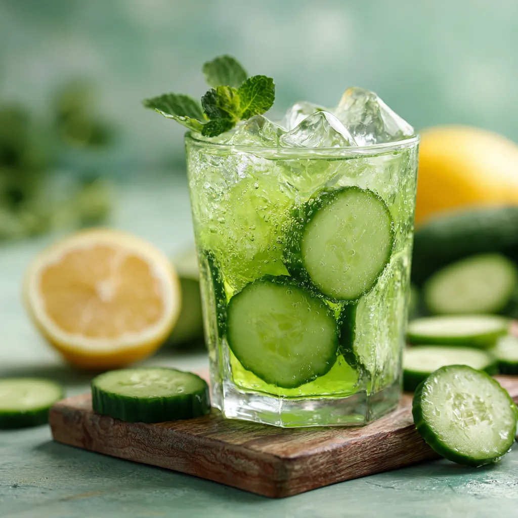 Verre de jus détox au concombre avec tranches de concombre, glaçons et menthe fraîche sur une table en bois.