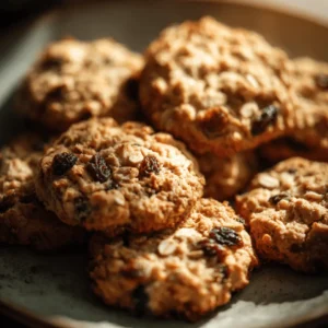 Merveilleux Cookies Avoine Pomme Raisins Faciles 3 Gros plan de délicieux cookies avoine pomme raisins moelleux et dorés, empilés sur une assiette rustique.