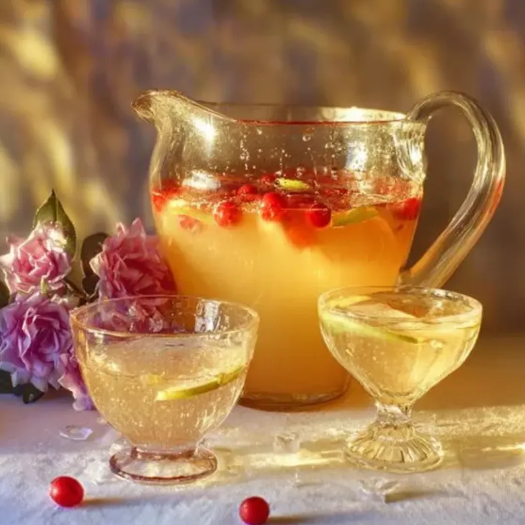 Verre élégant de punch sans alcool à la poire et à la rose.