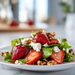 Salade Sucrée Salée avec fraises, fromage de chèvre.
