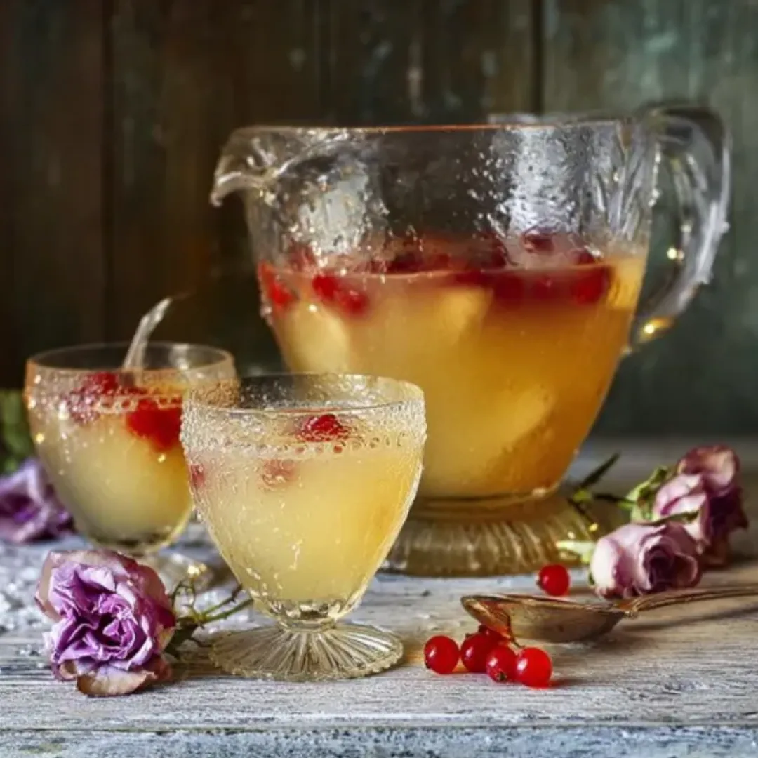 Verre élégant de punch sans alcool à la poire et à la rose garni de fruits