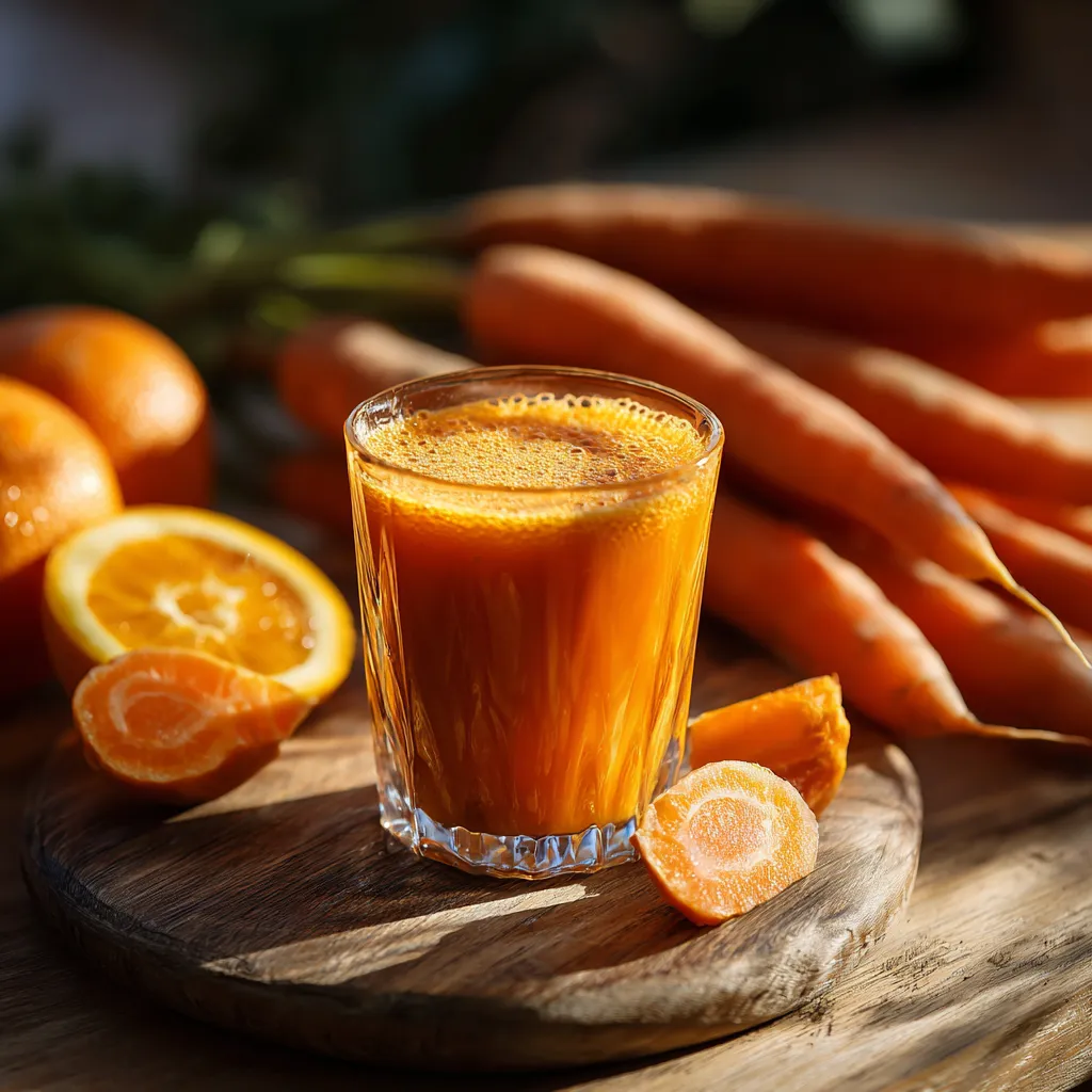 petit verre de jus carotte orange sur planche ronde en bois avec fruits frais