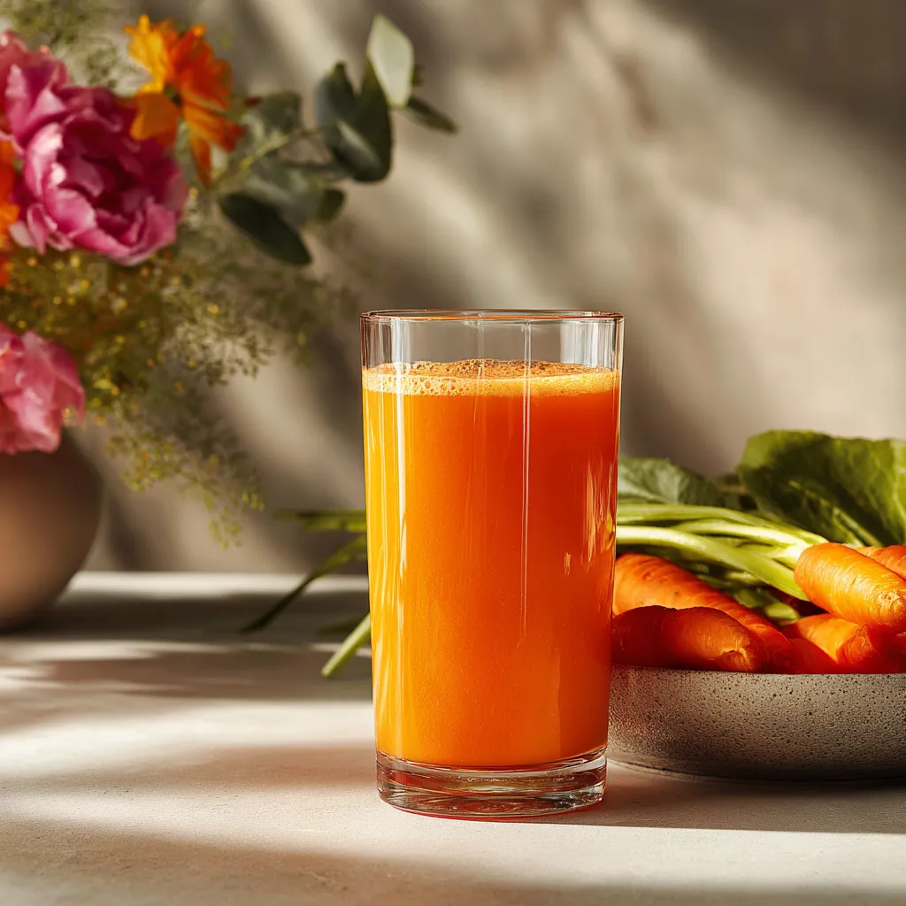 verre de jus carotte orange sur table claire avec fleurs et carottes fraîches