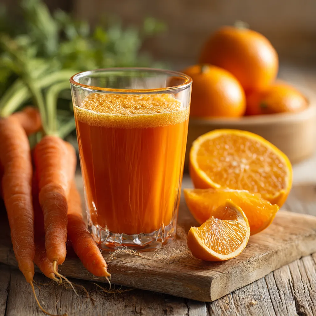 verre de jus carotte orange entouré de carottes et d’oranges sur table en bois rustique