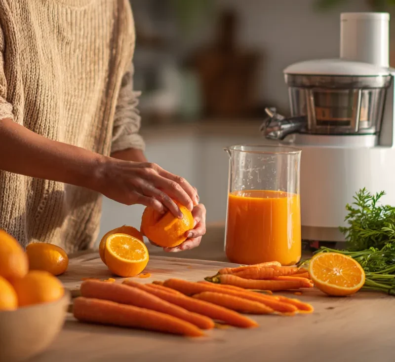 femme préparant du jus carotte orange avec extracteur de jus en cuisine