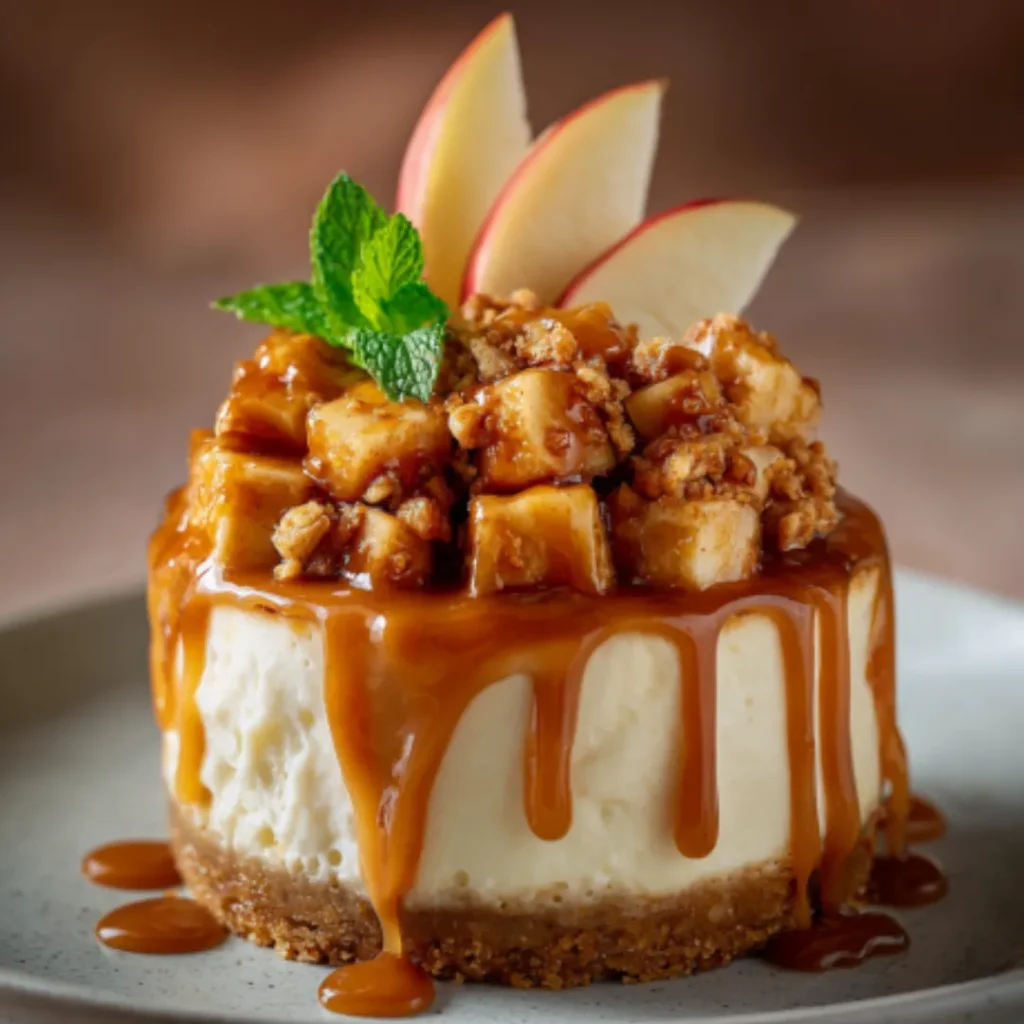 Cheesecake individuel pomme caramel garni de pommes caramélisées et de streusel.