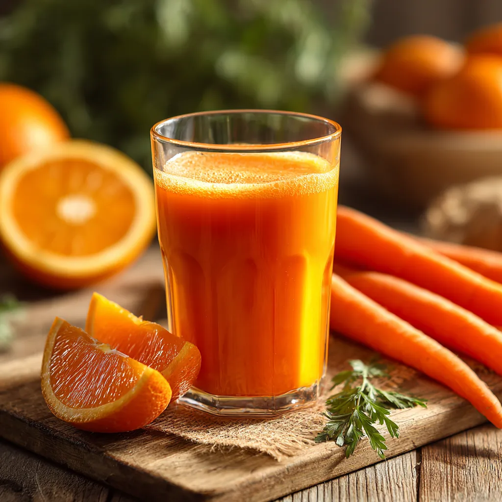jus carotte orange frais sur planche en bois avec carottes et quartiers d’orange