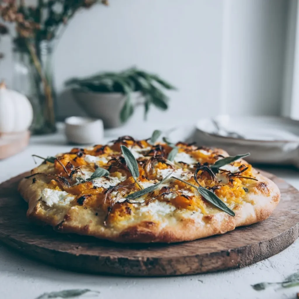Pizza à la Courge: La Recette Facile et Délicieuse ! 4 Pizza à la courge butternut maison sur planche en bois, garnie de mozzarella fondante, fromage de chèvre, oignons caramélisés et feuilles de sauge, dans une cuisine lumineuse.