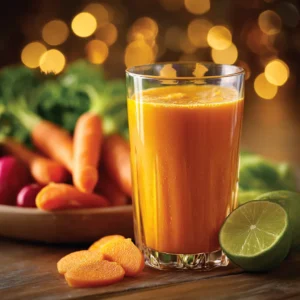verre de jus carotte orange entouré de légumes colorés et fond lumineux doré