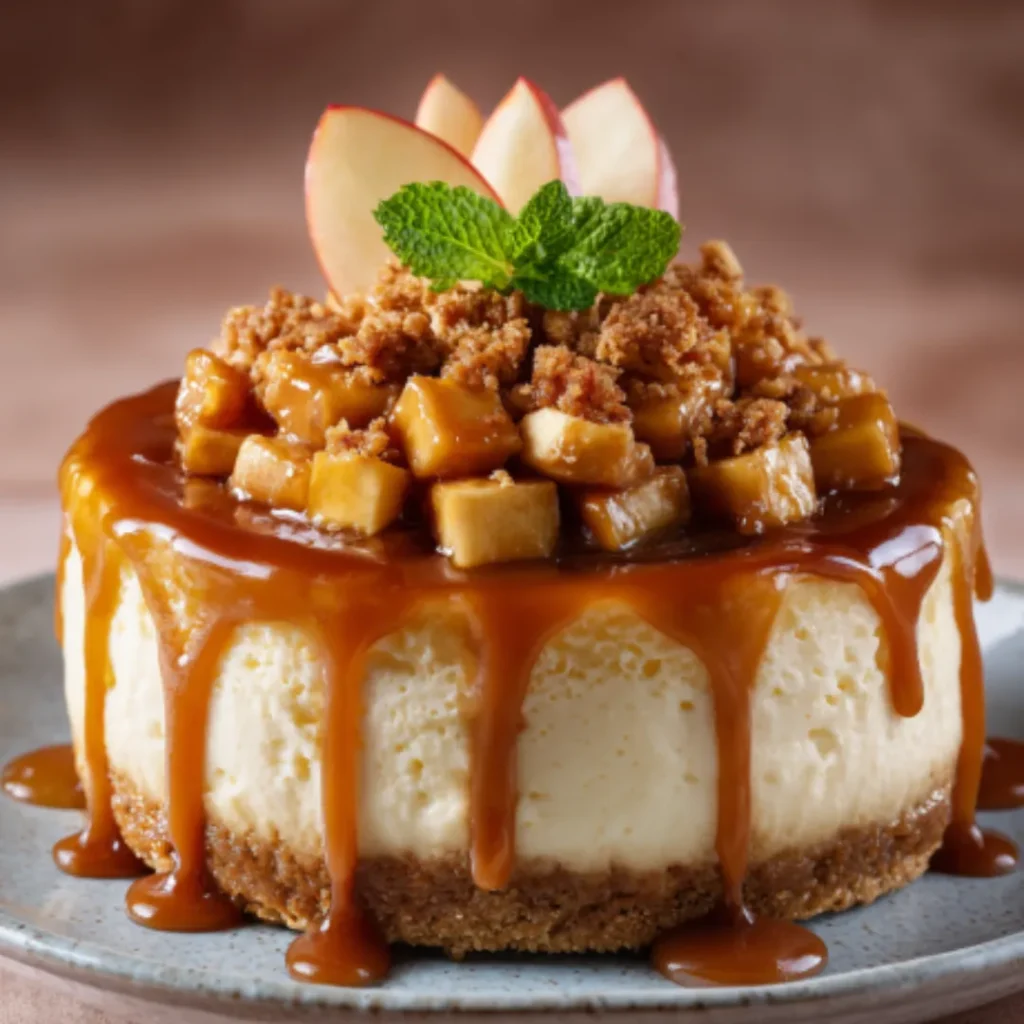 Cheesecake individuel pomme caramel garni de pommes caramélisées et de streusel, sur une assiette en céramique.
