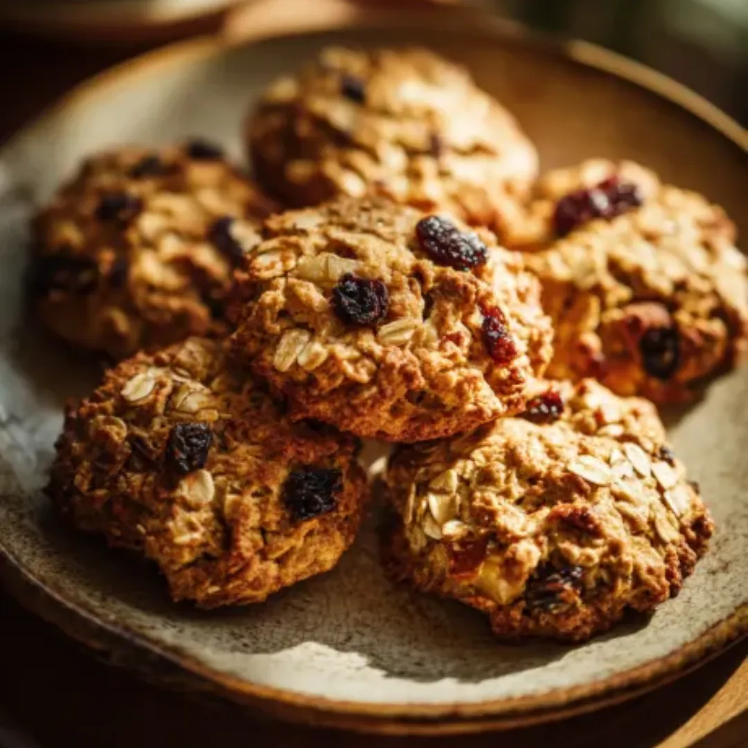 Merveilleux Cookies Avoine Pomme Raisins Faciles 2 Gros plan de délicieux cookies avoine pomme raisins moelleux et dorés.