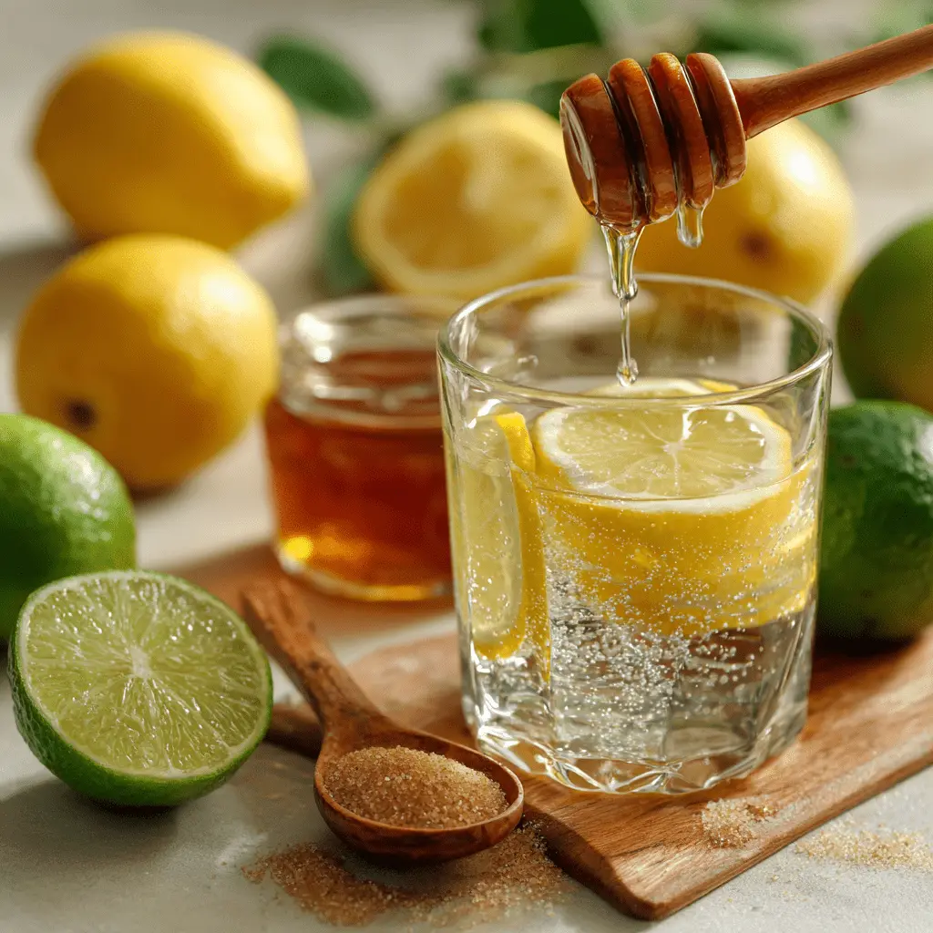 Close-up of a refreshing homemade citrus drink with natural ingredients like lemons, limes, and honey, embodying a natural 'mounjaro naturel recette'.