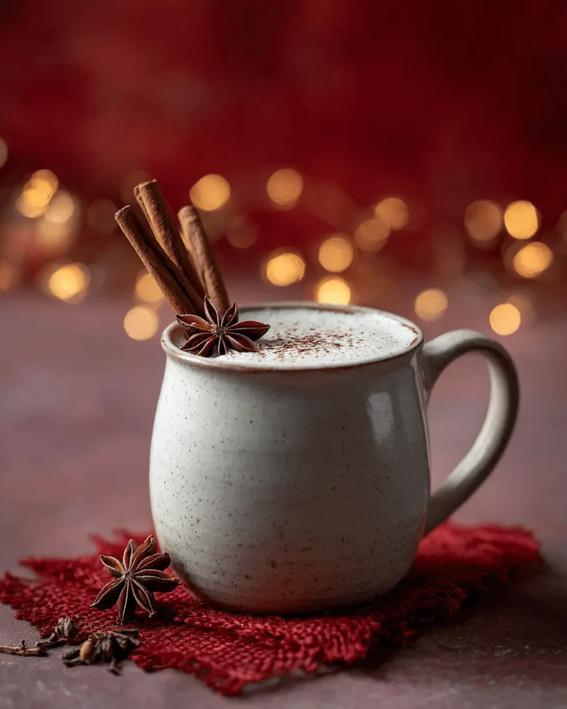 Cozy mug of frothy Le lait coco de Noël with cinnamon and star anise on a festive red background.