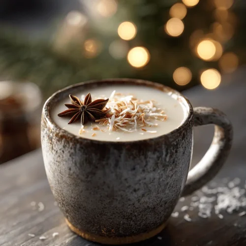 A rustic ceramic mug filled with creamy Le lait coco de Noël, garnished with star anise and coconut flakes, on a wooden surface with blurred festive lights.