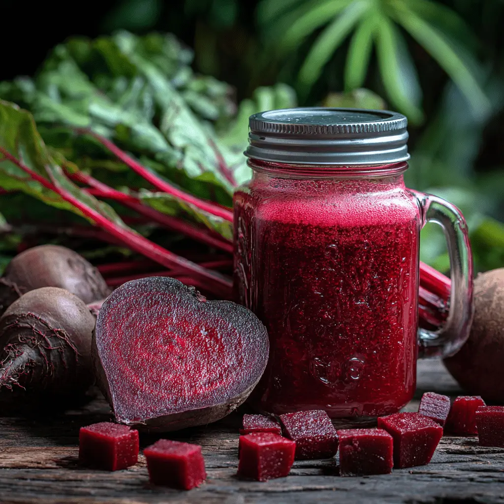 Vibrant still life of fresh beets and a glass of homemade jus detox foie betterave maison on a rustic wooden surface, emphasizing natural liver support.