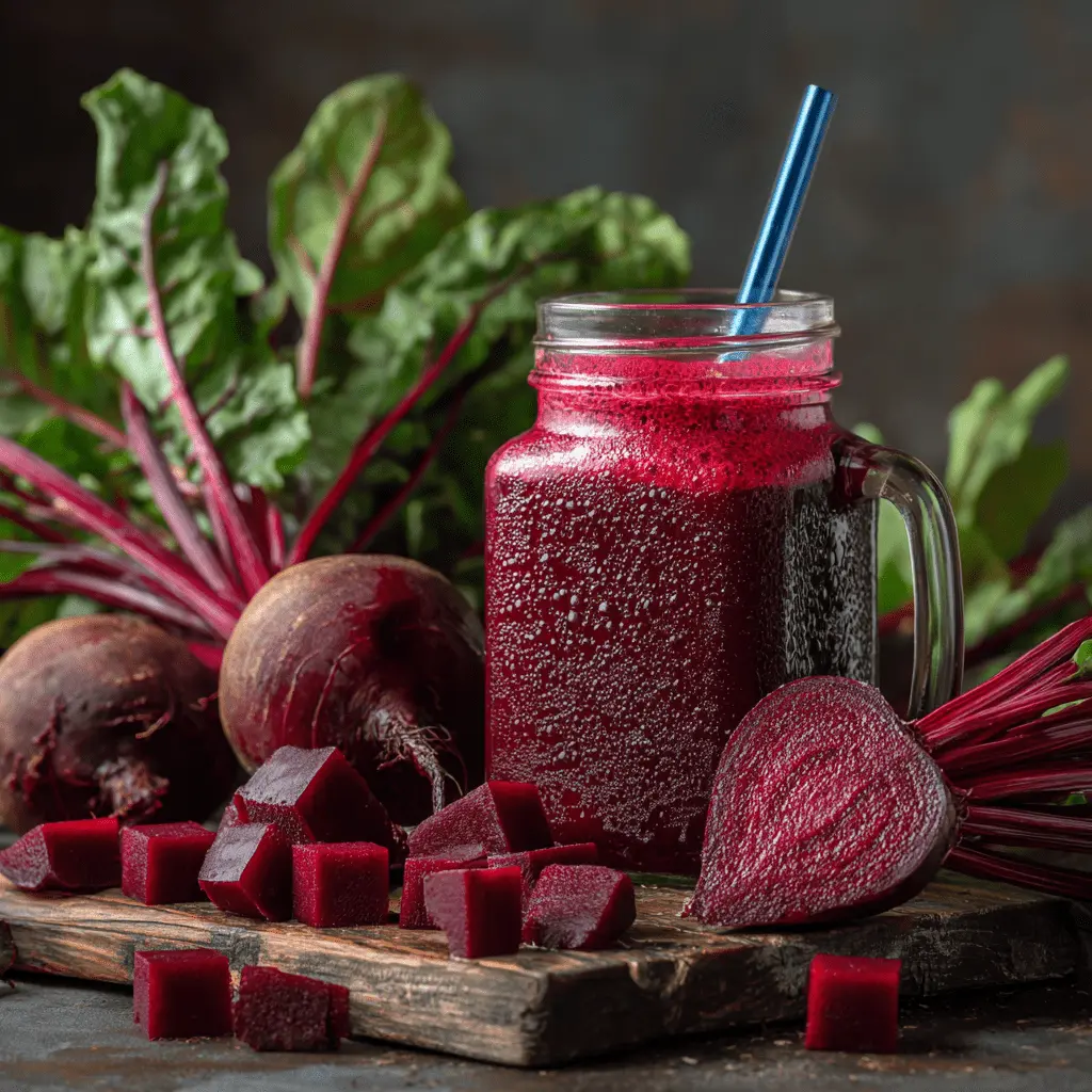 Vibrant still life featuring a glass of jus detox foie betterave, fresh beetroots, and their greens on a dark, rustic background.