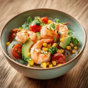 Vibrant bowl of Salade Thaïe crevettes, la recette facile et délicieuse, featuring plump shrimp, glass noodles, avocado, and fresh vegetables on a rustic wooden table.