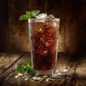 A refreshing glass of jallab, a classic Middle Eastern drink recipe, served cold with ice, fresh mint, and pine nuts on a rustic wooden table.