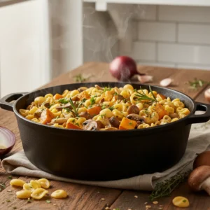 One pot pasta d’automne dans une cocotte en fonte, avec potimarron, champignons et herbes fraîches.