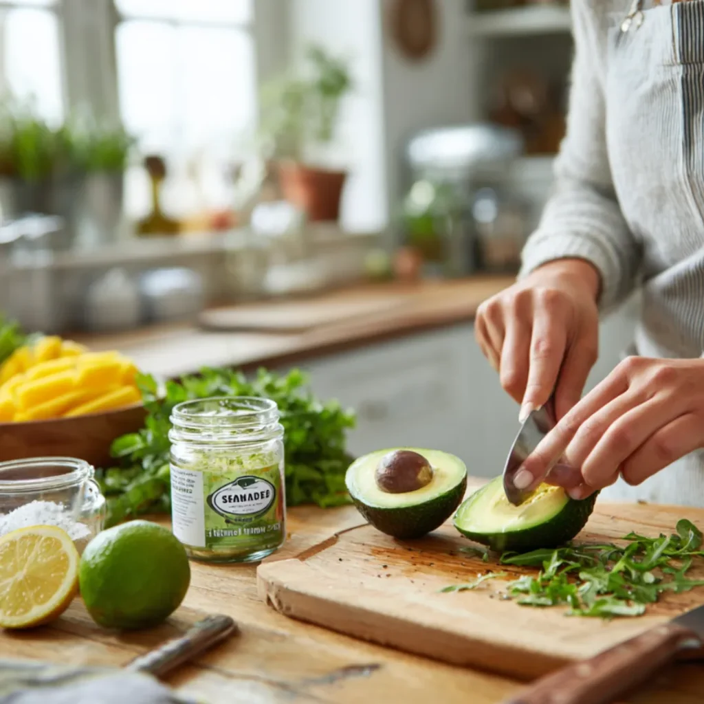 Préparation d'une salade roquette avocat mangue sur un plan de travail avec citron vert et coriandre fraîche
