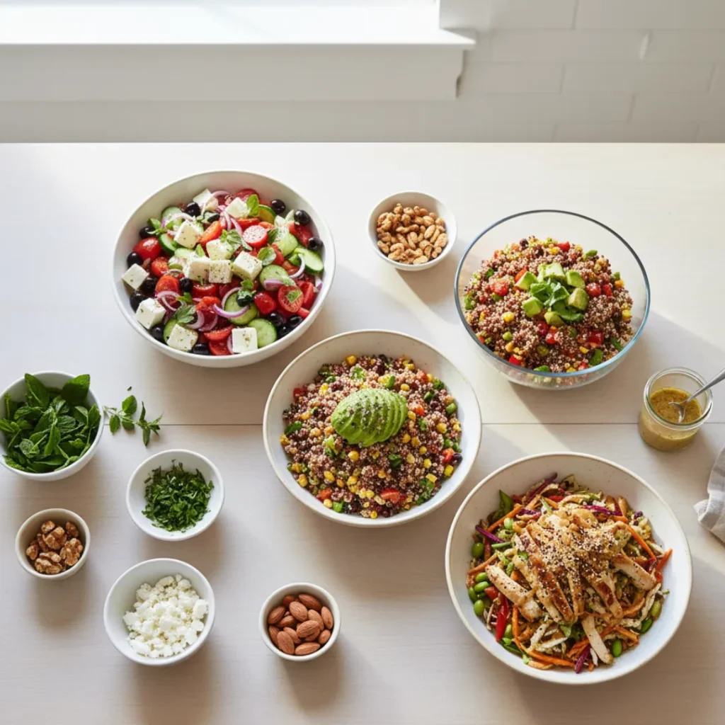 Salades Composées Originales : La Recette Étonnamment Facile 6 assortiment de salades composées et ingrédients frais sur table blanche