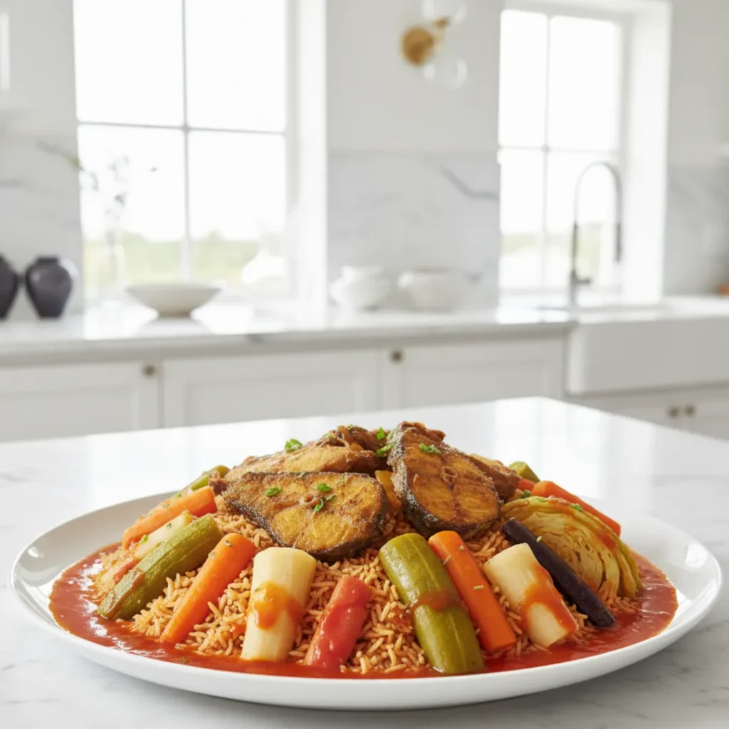 Fabuleuses Recettes de Cuisine Africaine à Essayer 3 Tiep Bou Dien avec poisson doré, riz parfumé et légumes variés