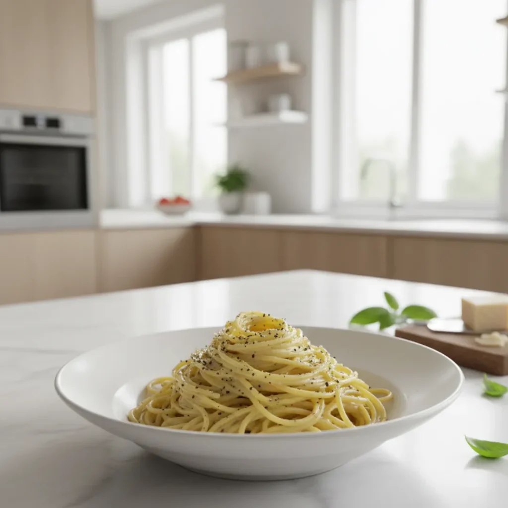 Recette Cacio E Pepe: L'Ultime Plaisir Italien 5 recette cacio e pepe avec sauce crémeuse au fromage et poivre noir, posée sur un plan de travail lumineux