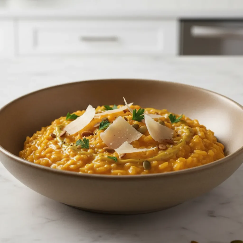 Risotto Potimarron Ultime : Recette Simple et Facile 5 Assiette de risotto au potimarron dressée sur une table d’automne