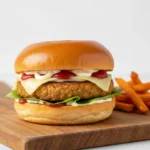 Burger végétarien maison avec galette de lentilles, fromage fondant et salade dans un pain brioché