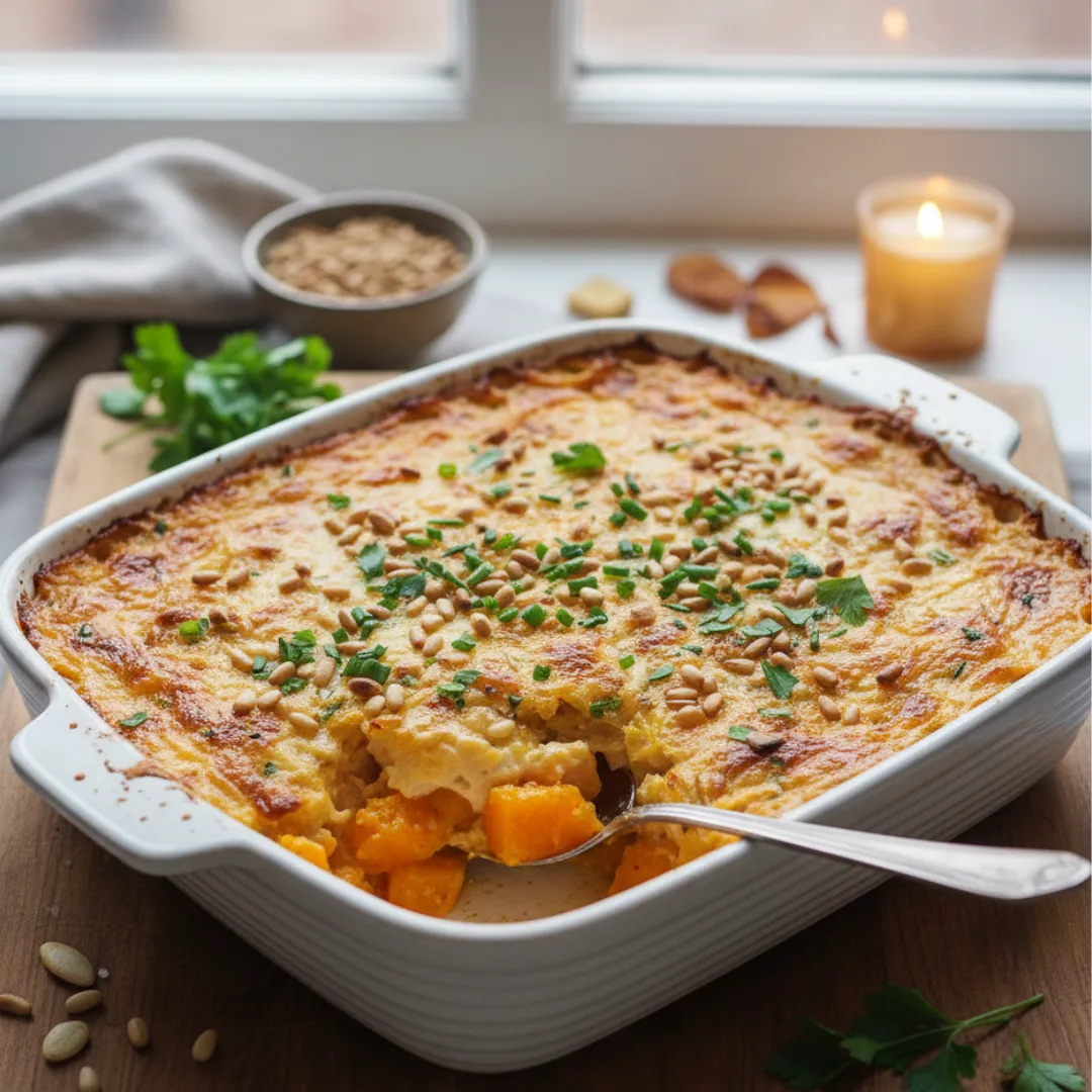 gratin de courge butternut doré et crémeux dans un plat à gratin en céramique