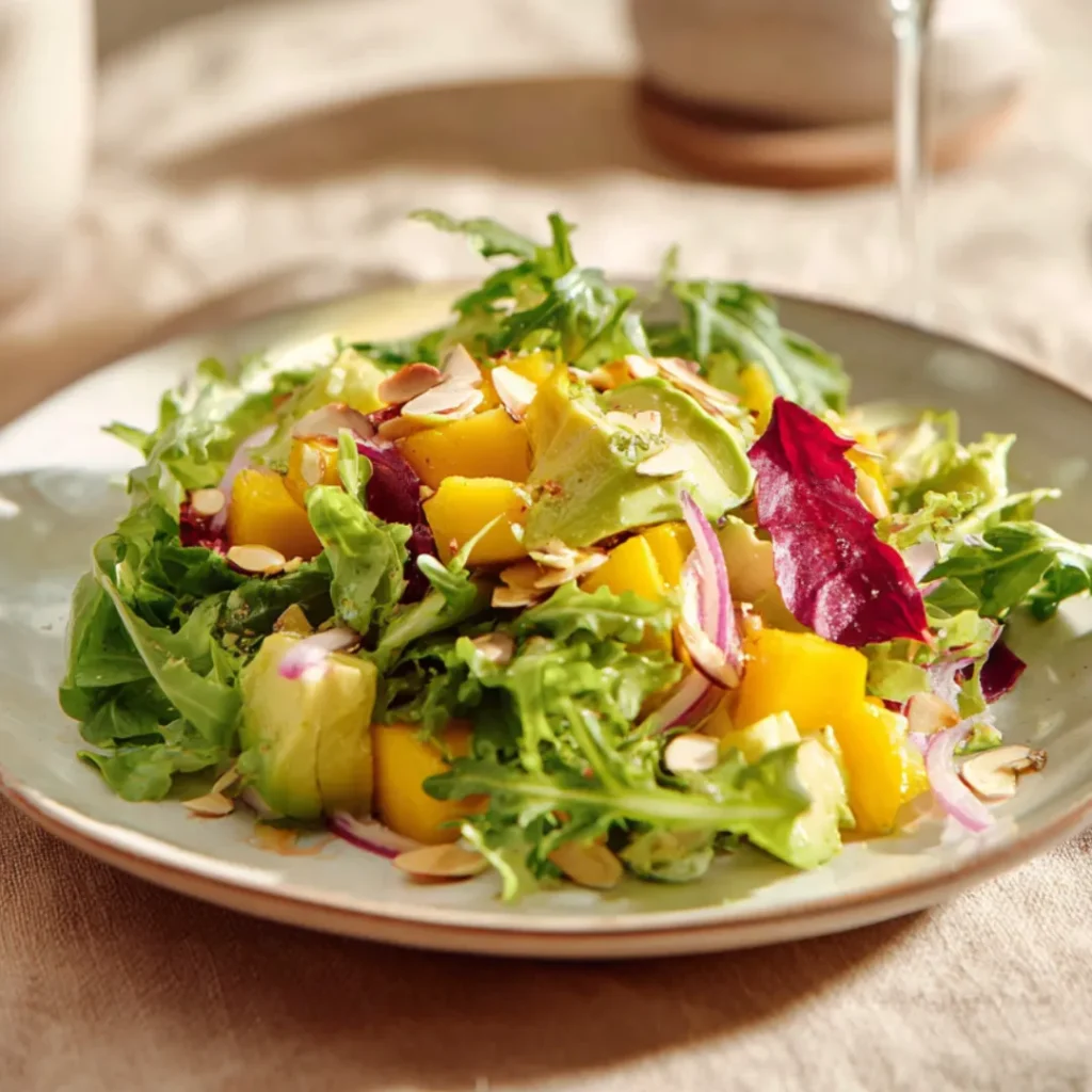 Salade roquette avocat mangue servie dans une assiette estivale avec amandes grillées et oignons rouges