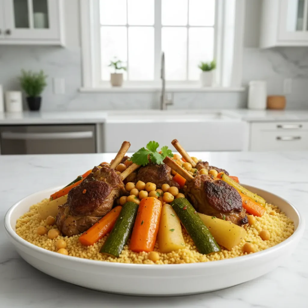 Fabuleuses Recettes de Cuisine Africaine à Essayer 4 Couscous Royal avec semoule moelleuse, légumes variés et viande d’agneau