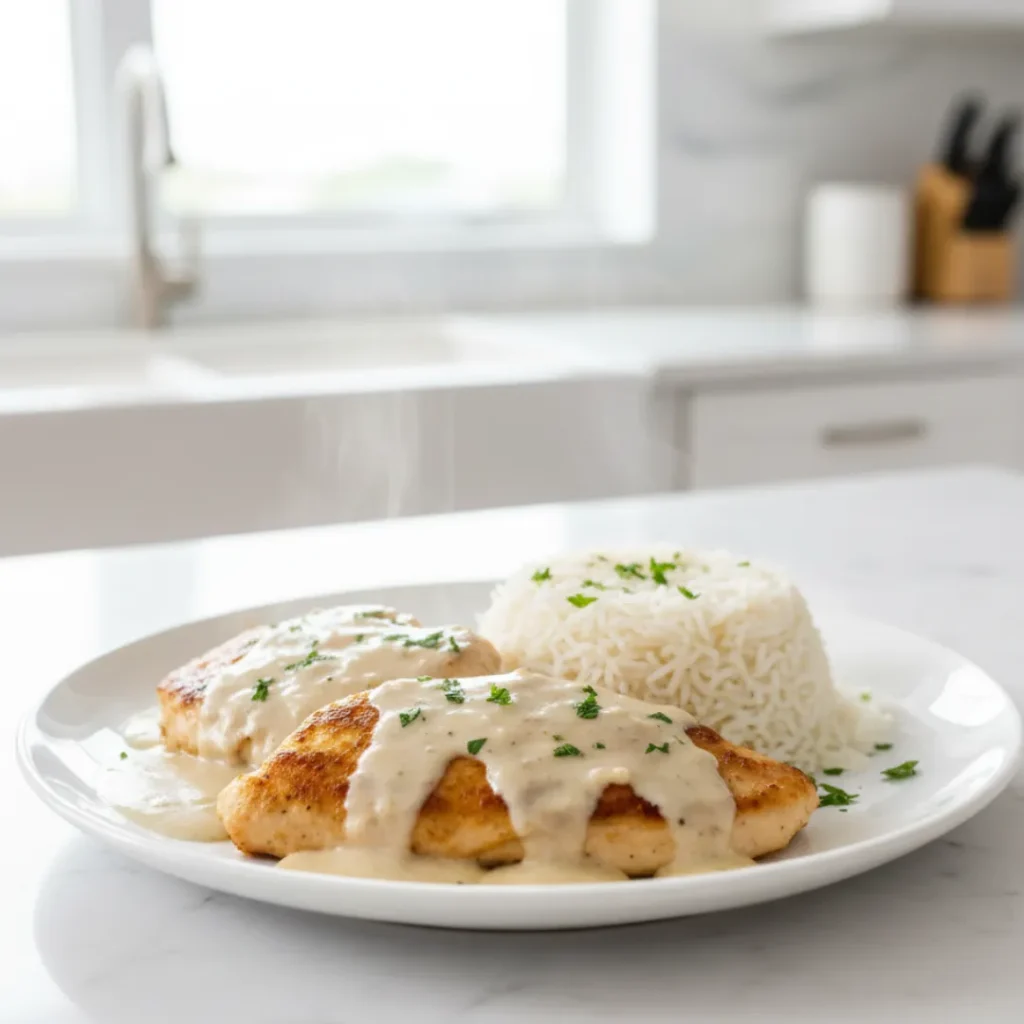 Recettes de Cuisine Faciles: L'Ultimate Guide Simple 4 Escalopes de poulet nappées de sauce crémeuse avec riz basmati
